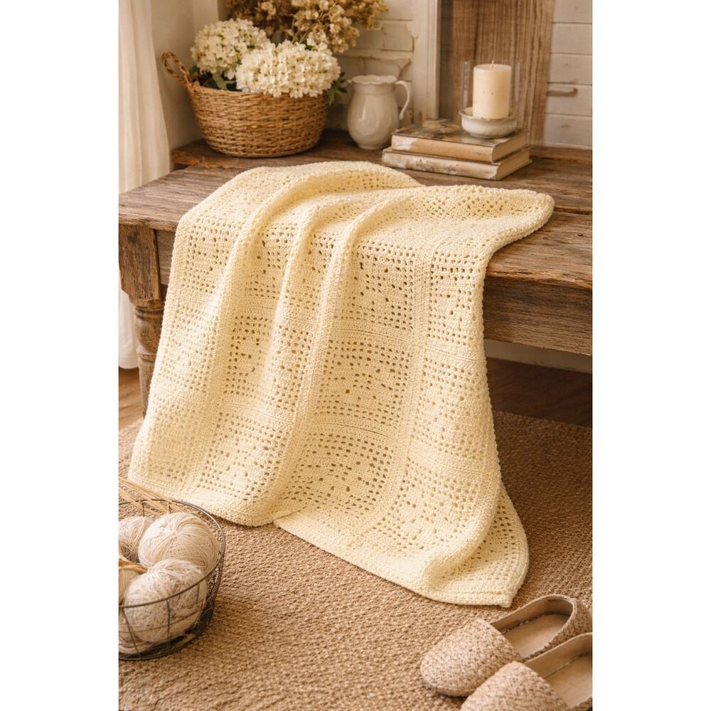 Vintage Crochet Baby Blanket Yellow 40x60 Granny Square Nursery Throw